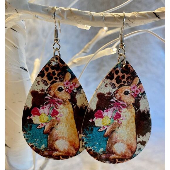 NEW Shabby Chic Farmhouse Pink Flower Leopard Turquoise Bunny Earrings - Picture 1 of 4